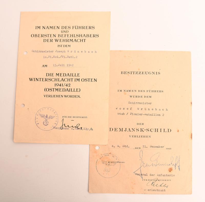 GERMAN THIRD REICH WINTER MEDAL OF THE EAST AND DEMJANSK SHIELD CITATIONS.