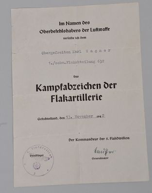 GERMAN WWII LUFTWAFFE FLAK ARTILLERY CITATION.