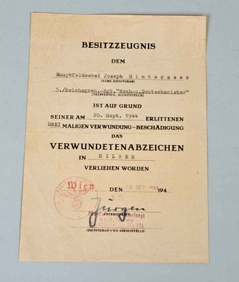 Regimentals  GERMAN WWII HOCH-U.DEUTSCHMEISTER CITATION.