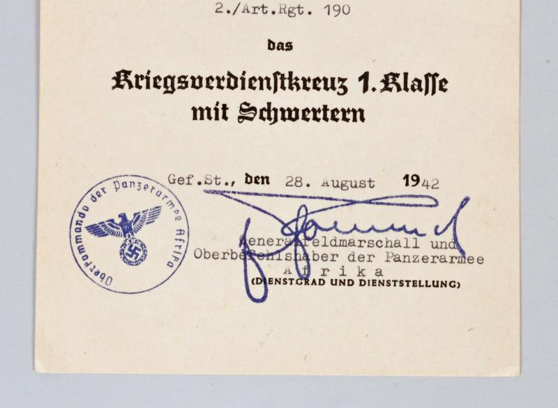 Regimentals GERMAN WWII WAR SERVICE CROSS CITATION DAK ROMMEL