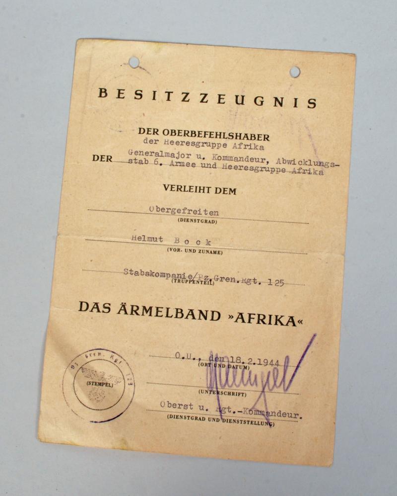 GERMAN WWII AFRIKA CUFFTITLE CITATION.