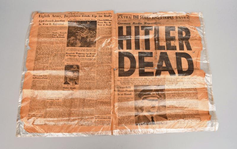 STARS AND STRIPES NEWSPAPER – HITLER DEAD HEADLINE.