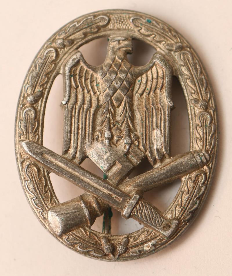 GERMAN WWII GENERAL ASSAULT BADGE IN SILVER AS REMOVED FROM A SOUVENIR BELT.