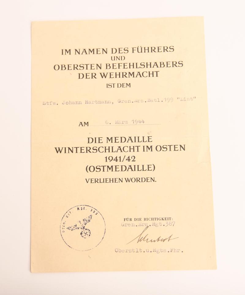 GERMAN WWII EAST FRONT MEDAL CITATION.