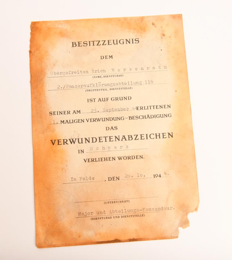 GERMAN WWII 116TH PANZER DIVISION AWARD CITATION.