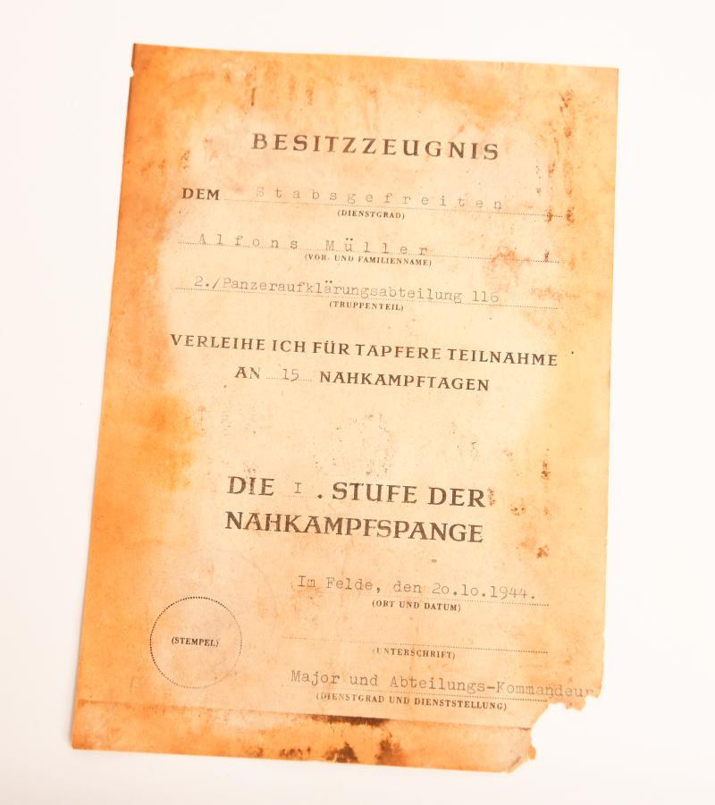 GERMAN WWII 116TH PANZER DIVISION AWARD CITATION.