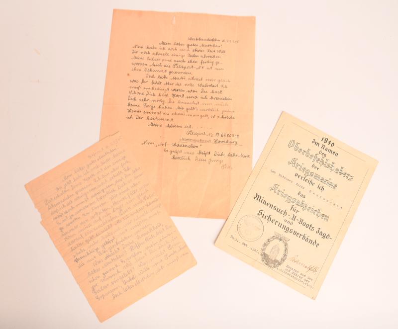 GERMAN WWII KRIEGSMARINE CITATION AND LETTERS.