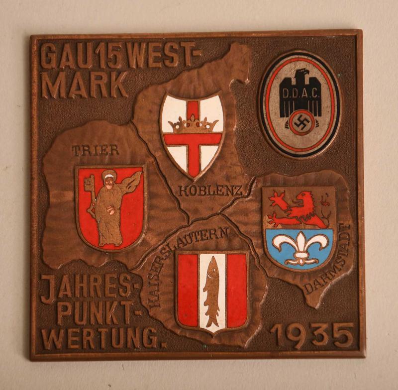 GERMAN WWII DDAC GAU WESTMARK SQUARE ENAMELLED PLAQUE.