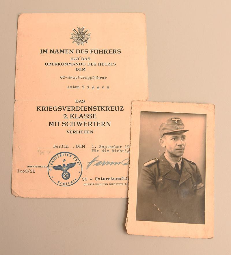 GERMAN WWII ORGANISATION TODT WAR SERVICE CROSS 2ND CLASS WITH SWORD CITATION.
