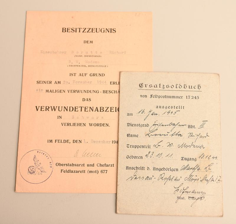 GERMAN WWII REWICHBAHN BLACK WOUND CITATION AND REPLACEMENT SOLDBUCH TO AN ITALIAN.