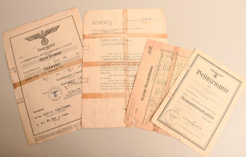 GERMAN WWII ARMY BLACK WOUND BADGE CITATION AND OTHER DOCUMENTS TO A PANZER GRENADIER REGIMENT.