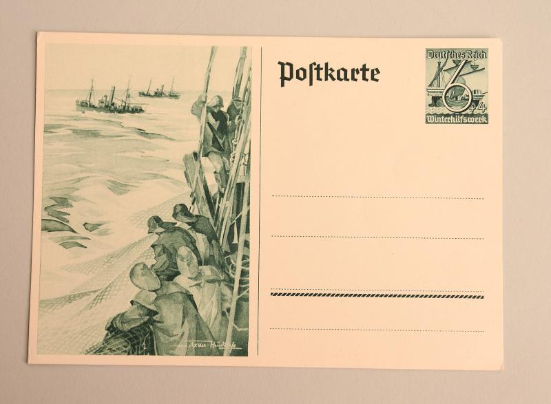 GERMAN WWII FISHERMEN AT SEA POSTCARD.