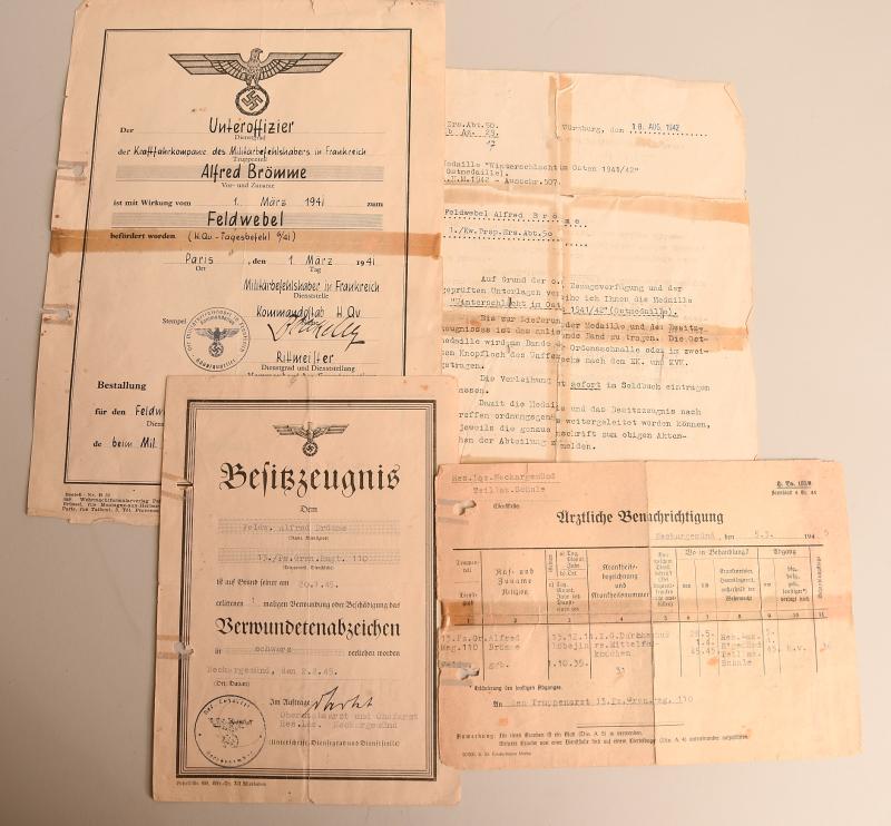 GERMAN WWII ARMY BLACK WOUND BADGE CITATION AND OTHER DOCUMENTS.