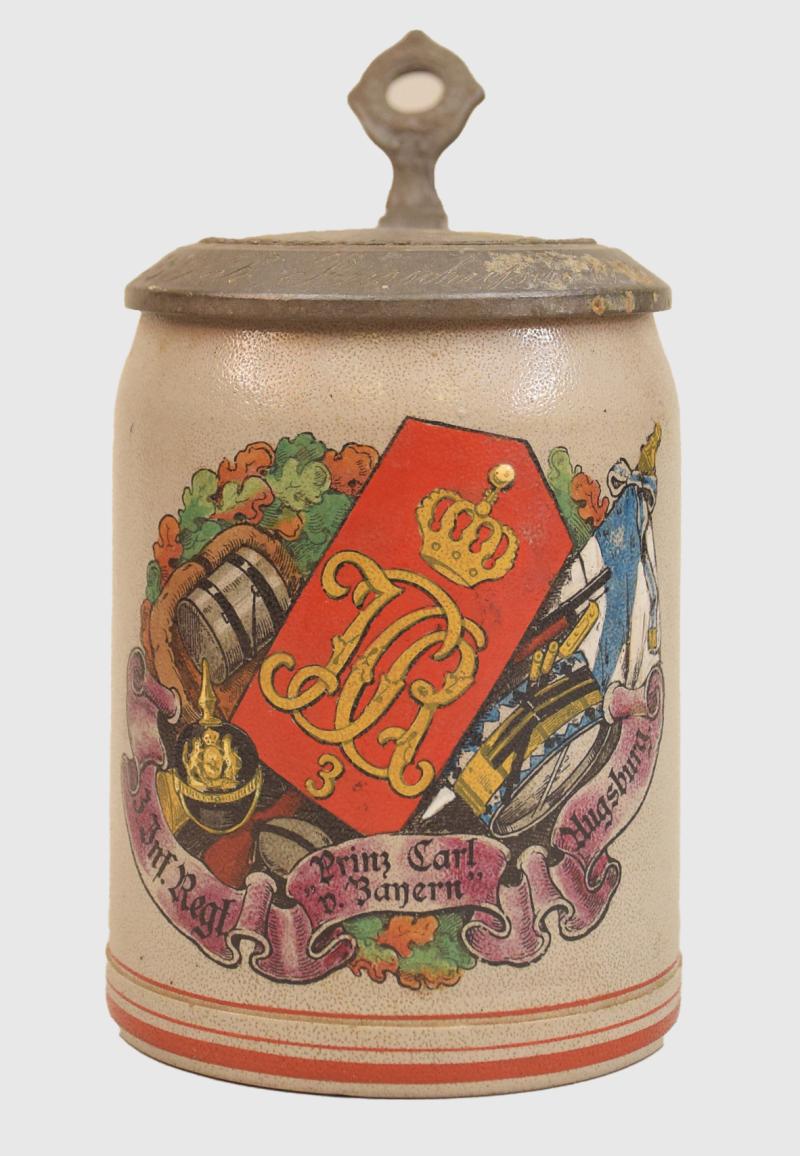 GERMAN WW I  BAVARIAN THIRD INFANTRY REGIMENT HALF LITRE POTTERY STEIN.