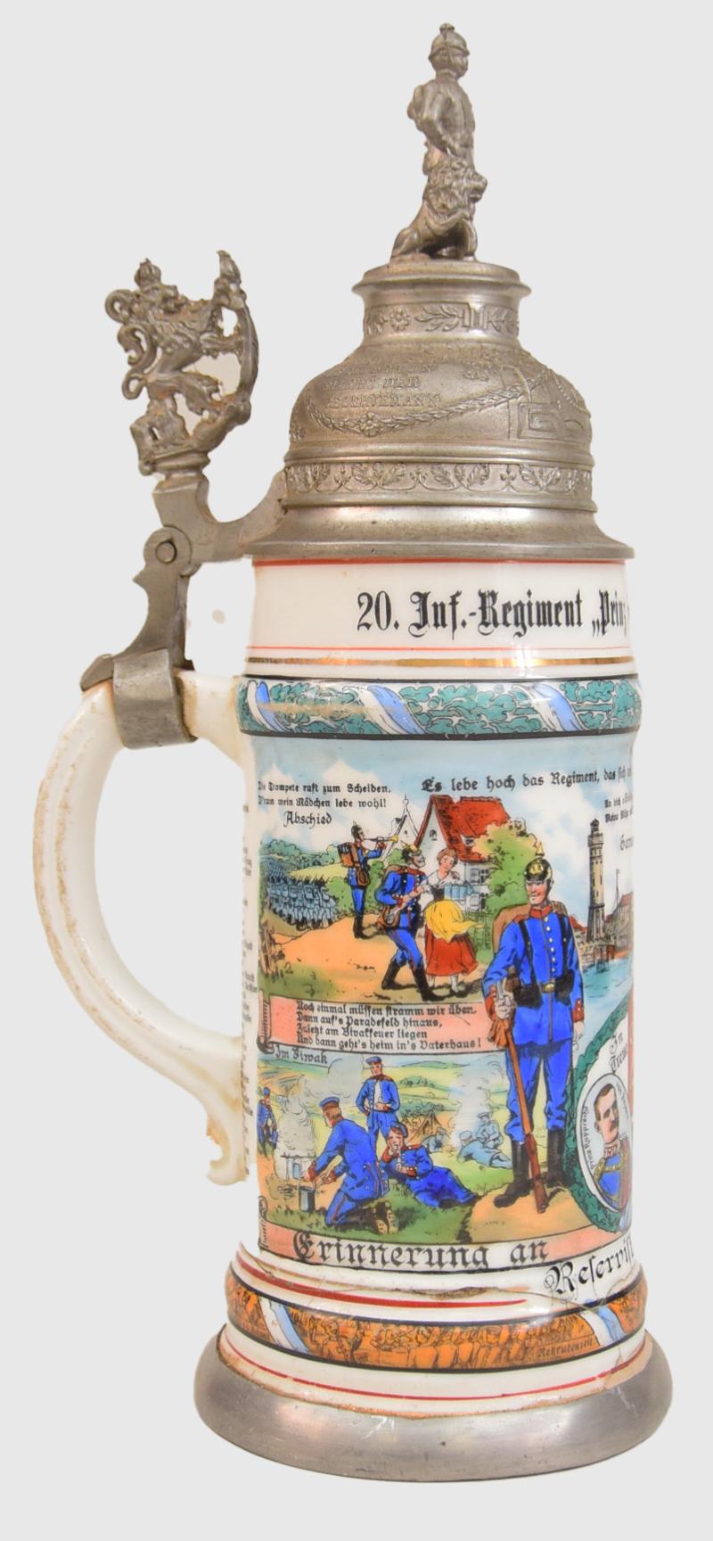 GERMAN WWI BAVARIAN 20TH INFANTRY REGIMENT THREE QUARTER LITRE PORCELAIN STEIN.