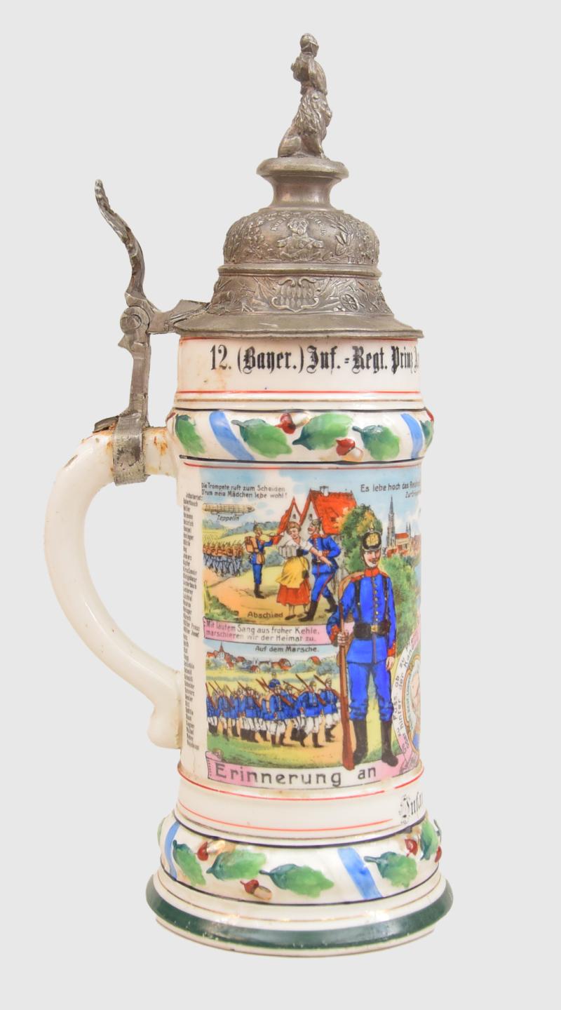 GERMAN WWI BAVARIAN 12TH INFANTRY REGIMENT THREE QUARTER LITRE STEIN.