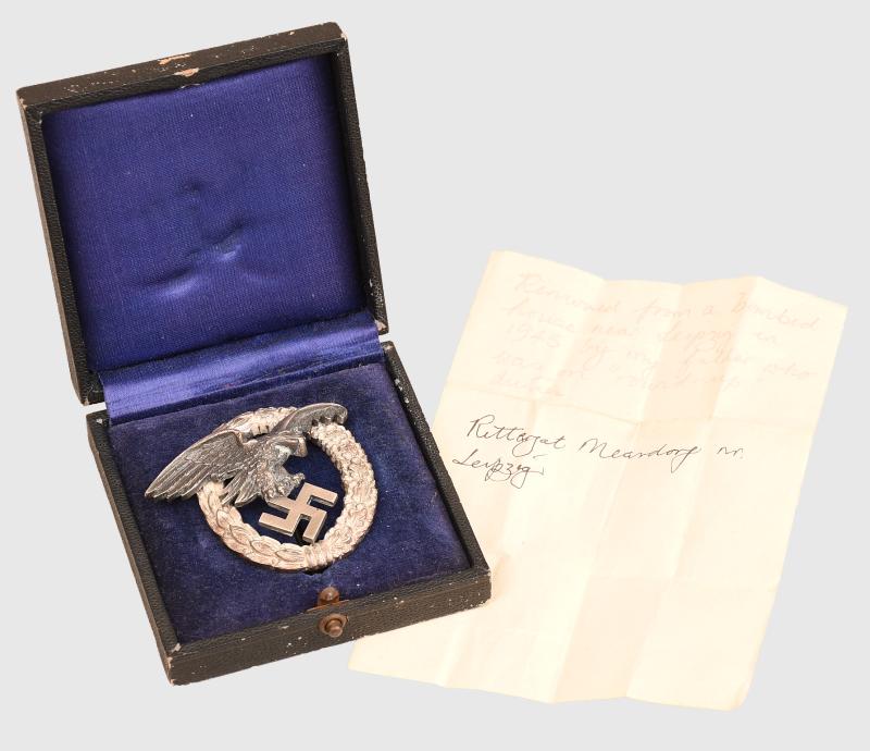 GERMAN WWII LUFTWAFFE OBSERVER BADGE CASED WITH HISTORY.