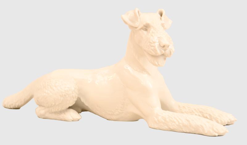 GERMAN WWII WHITE PORCELAIN ALLACH LYING DOWN FOX TERRIER.