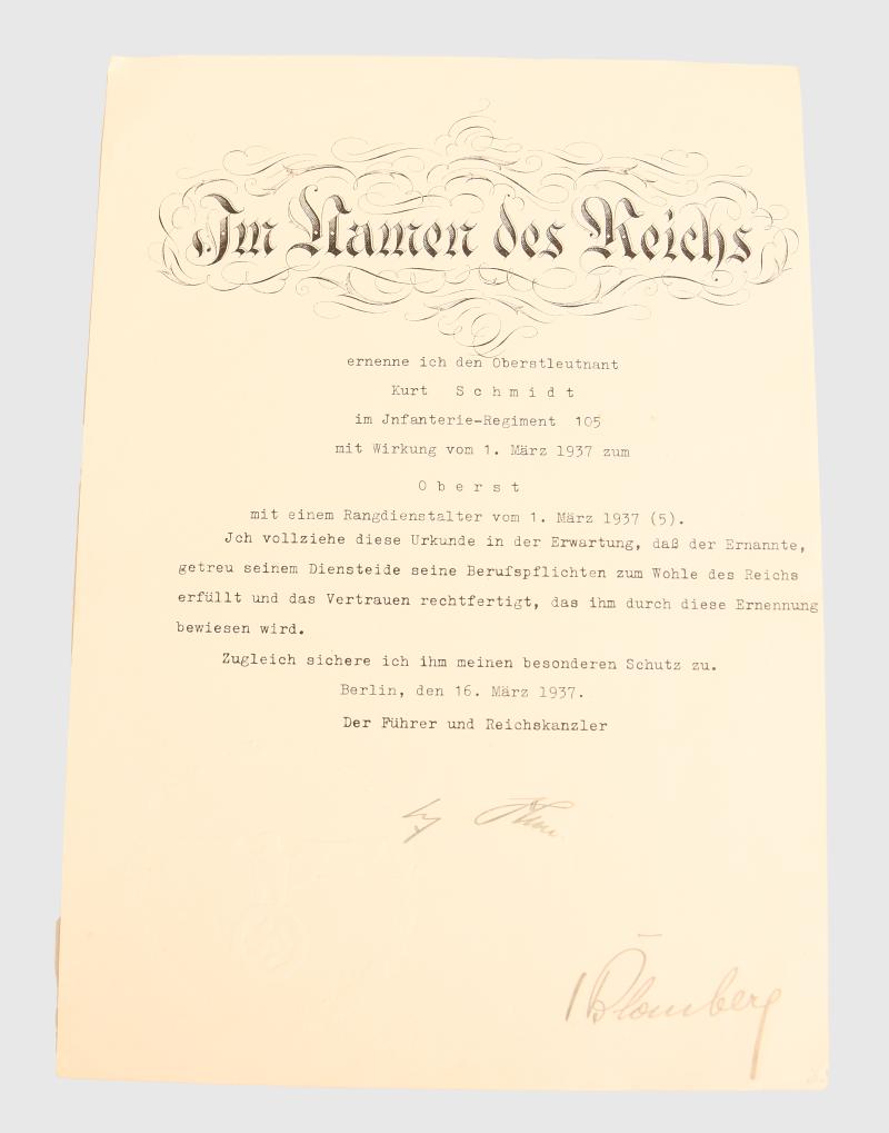 GERMAN WWII ADOLF HITLER SIGNATURE ON PROMOTION DOCUMENT.