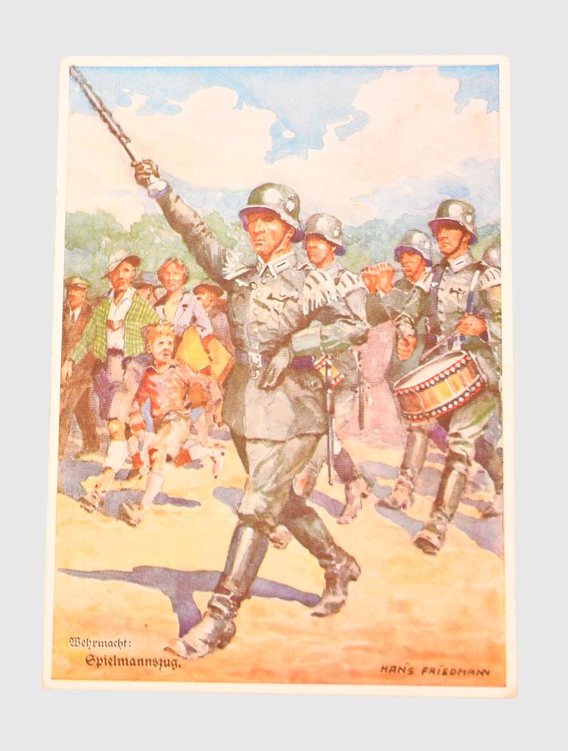 GERMAN WWII COLOUR ART POSTCARD ARMY MARCHING BAND.