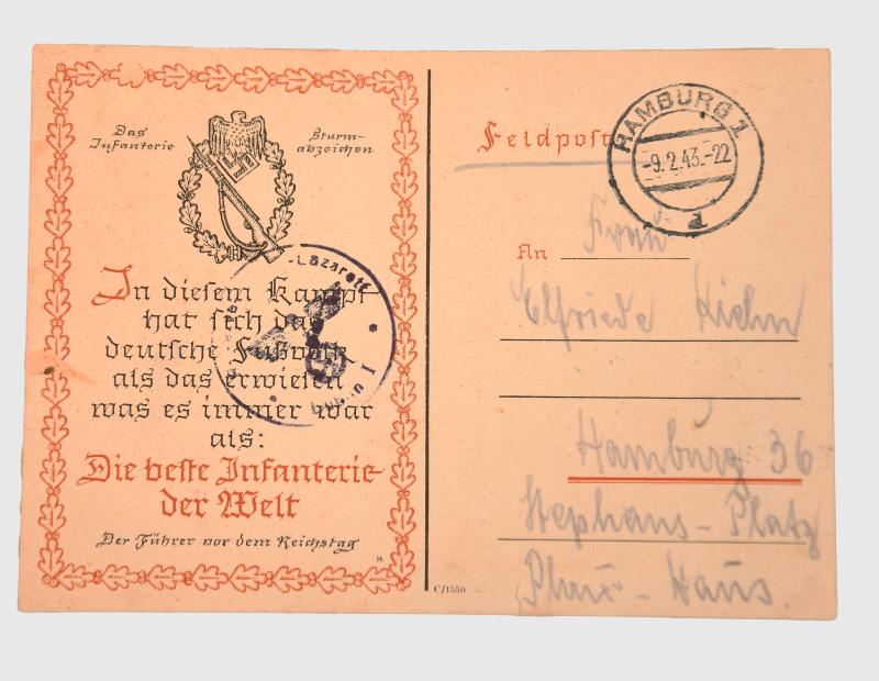 GERMAN WWII FELDPOST POSTCARD INFANTRY ASSAULT BADGE.