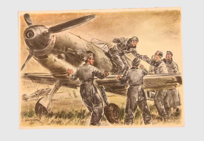 GERMAN WWII COLOUR ART CARD ME109 IMAGE.