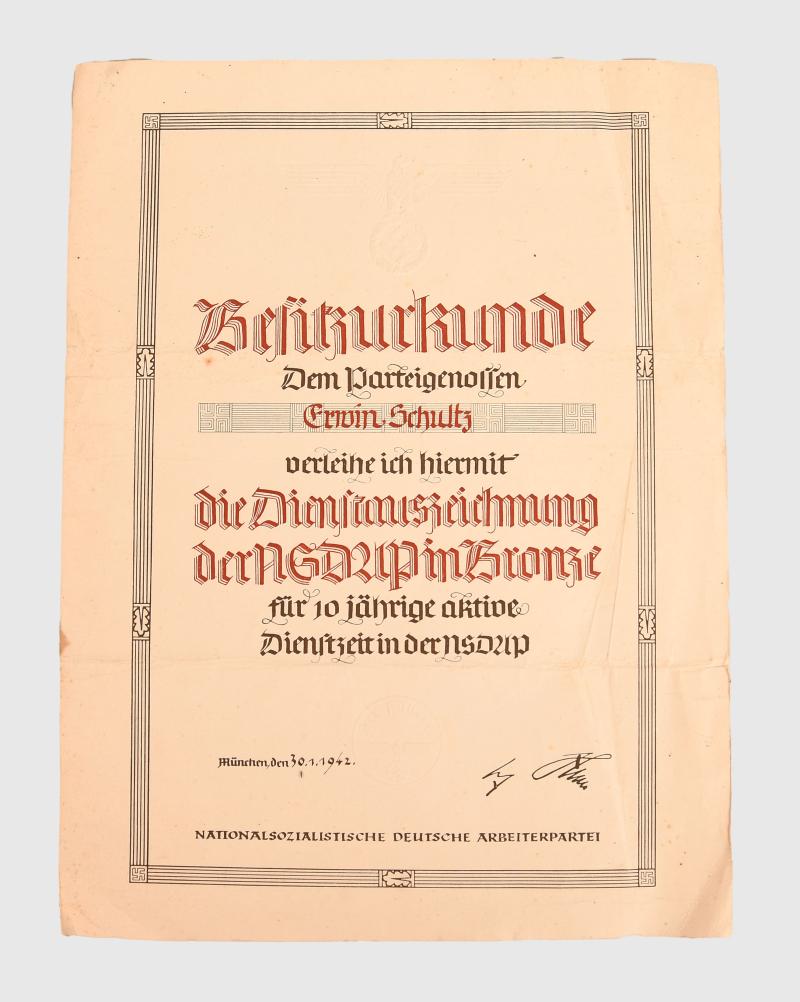 GERMAN WWII NSDAP 10 YEAR LONG SERVICE MEDAL CITATION.