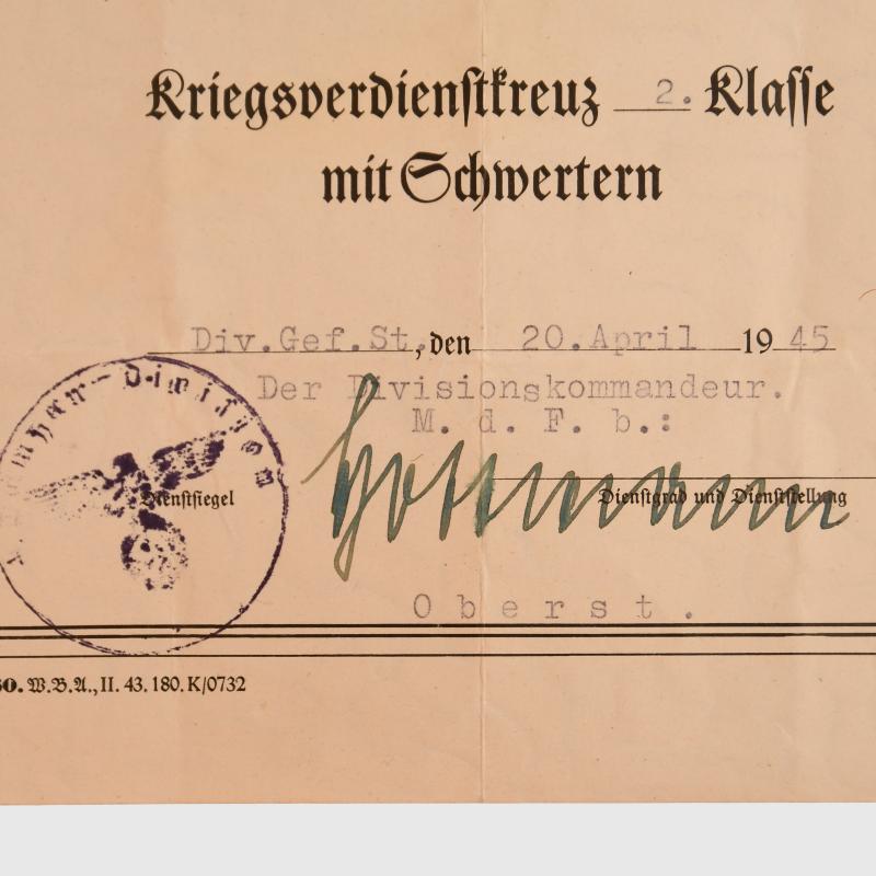 GERMAN WWII WAR SERVICE CROSS 2ND CLASS WITH SWORDS. SIGNED BY KNIGHTS CROSS WINNER.