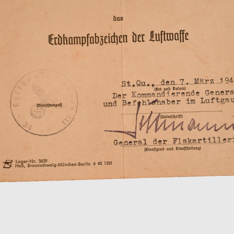 GERMAN WWII LUFTWAFFE GROUND COMBAT CITATION AND A FURTHER TWO.