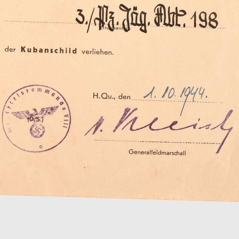 GERMAN WWII KUBAN SHIELD CITATION.