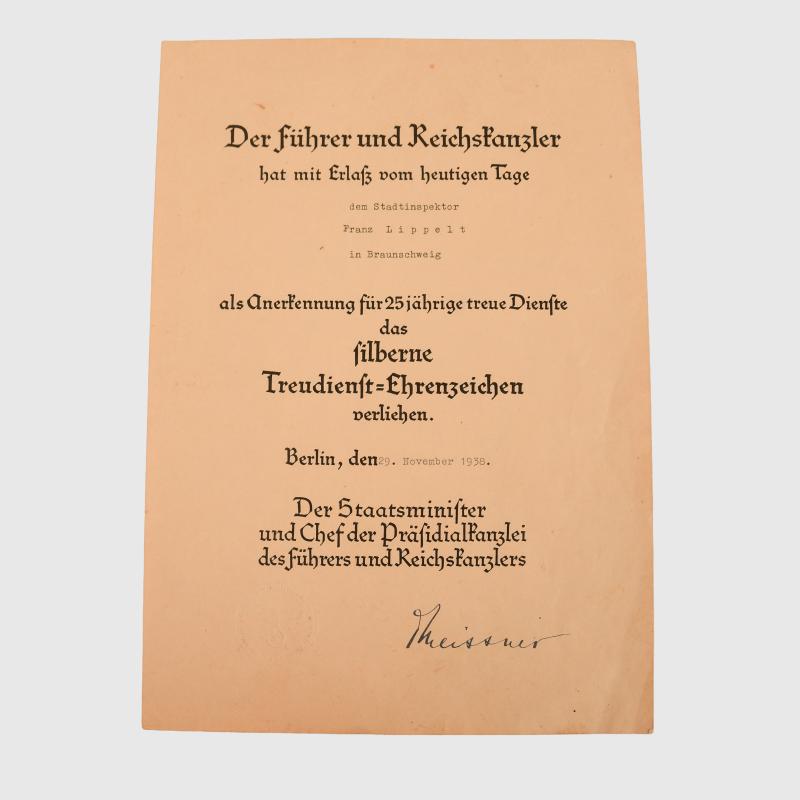 GERMAN WWII 25 YEAR LONG SERVICE CITATION.