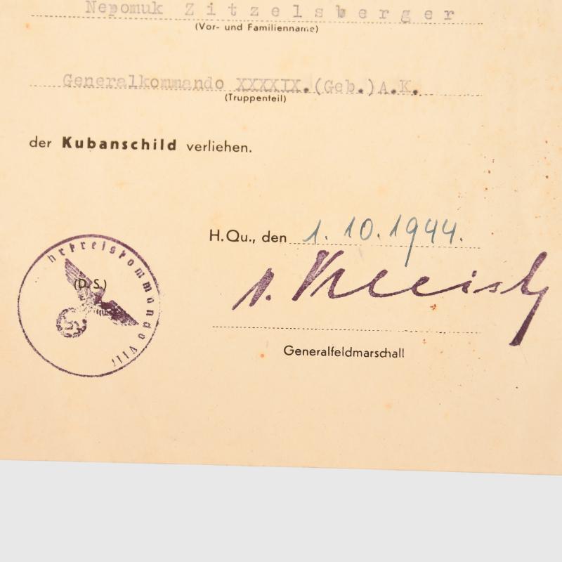 GERMAN WWII KUBAN SHIELD CITATION.