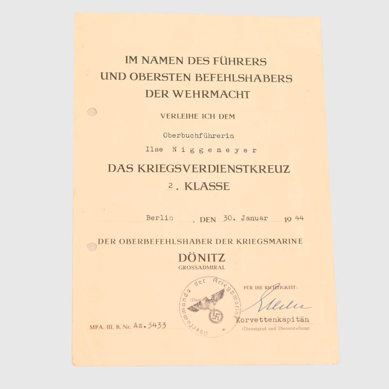 GERMAN WWII WAR SERVICE CROSS 2ND CLASS CITATION TO A FEMALE.