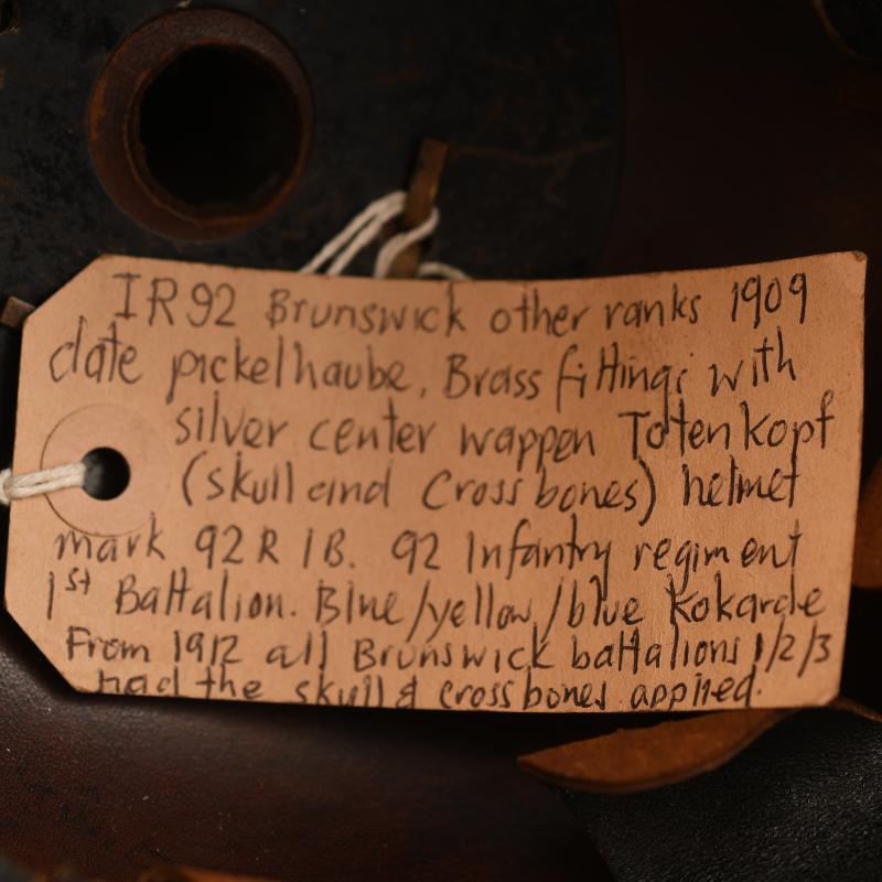 GERMAN WWI BRUNSWICK INFANTRY REGIMENT 92 ENLISTED RANKS PICKELHAUBE, REGIMENTALLY MARKED.