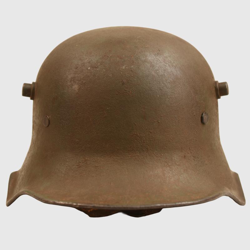GERMAN WWI M.18 CUT OUT HELMET WITH REMAINS OF FLOCK FINISH.