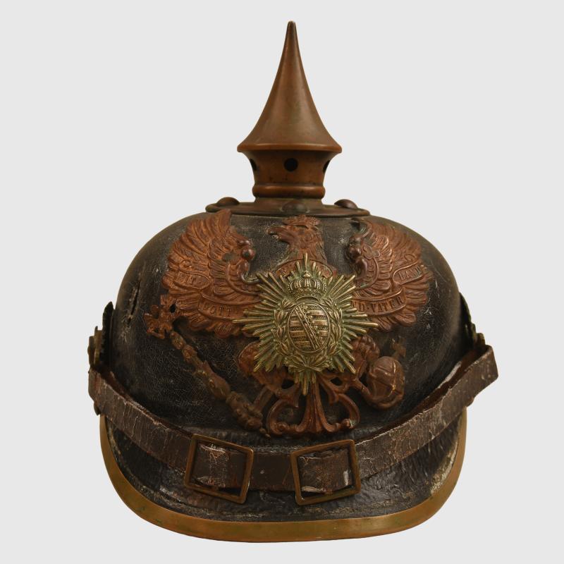 GERMAN WWI THURINGEN INFANTRY REGIMENT 95 ENLISTED MANS PICKELHAUBE, BATTLE DAMAGED.