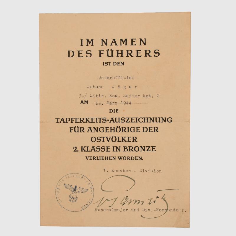 GERMAN WWII KUBAN COSSACK AWARD CITATION.