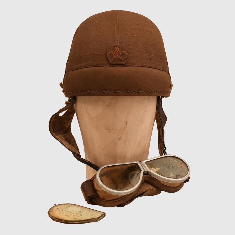 JAPANESE WWII TANKERS HELMET WITH ULTRA RARE GOGGLES.