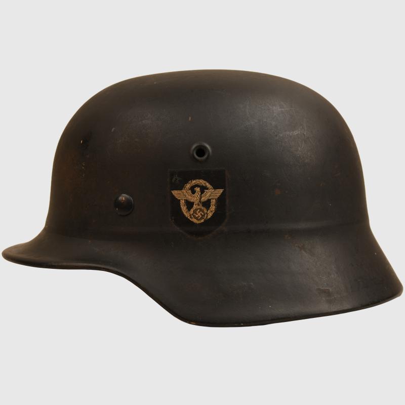 GERMAN WWII POLICE M.40 BEADED DOUBLE DECAL SEMI COMBAT HELMET WITH NON BORDERED DECAL.