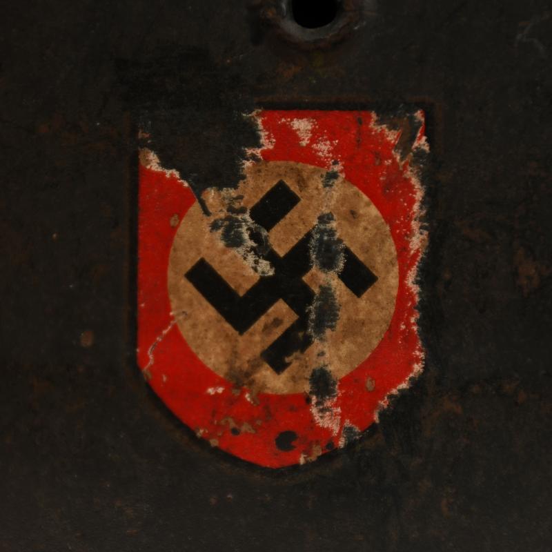 GERMAN WWII POLICE M.40 BEADED DOUBLE DECAL SEMI COMBAT HELMET WITH NON BORDERED DECAL.