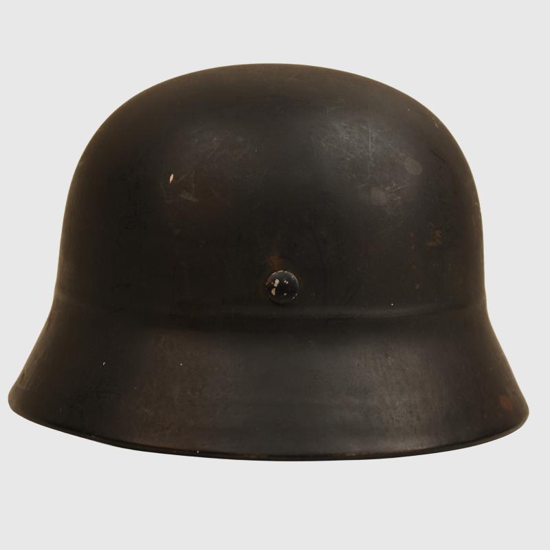 GERMAN WWII POLICE M.40 BEADED DOUBLE DECAL SEMI COMBAT HELMET WITH NON BORDERED DECAL.