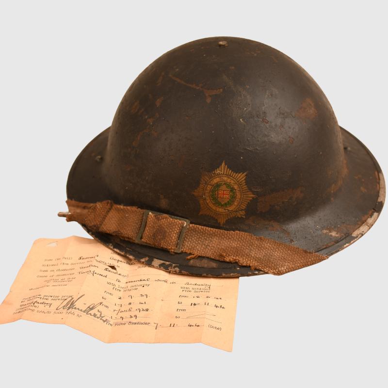 BRITISH WWII NATIONAL FIRE SERVICE BRODIE HELMET, IDENTIFIED.
