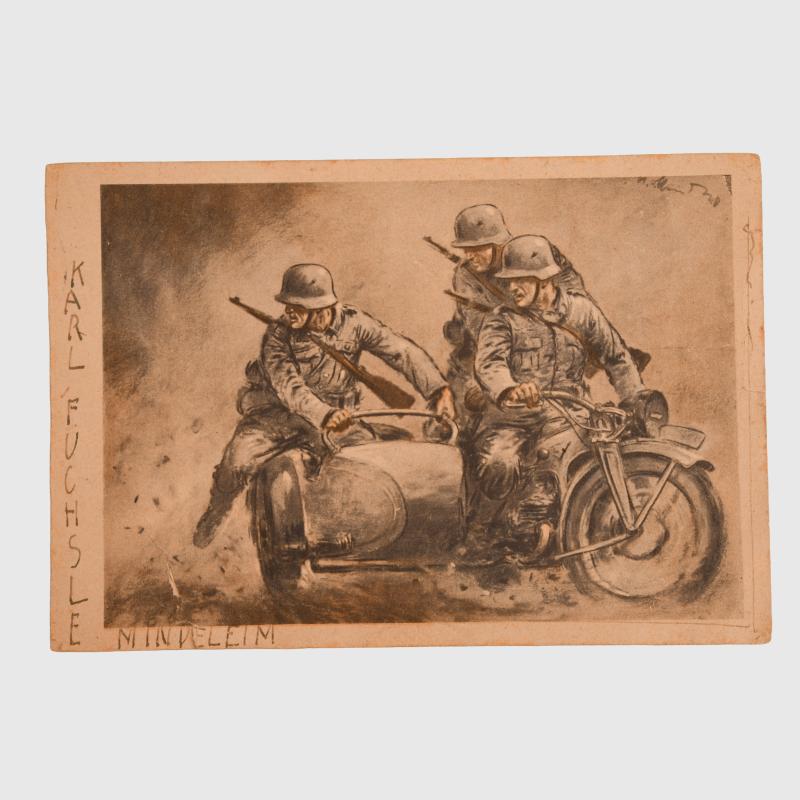 GERMAN WWII MOTORCYCLE COMBINATION PHOTOGRAPH. FRANKED AND WRITTEN.