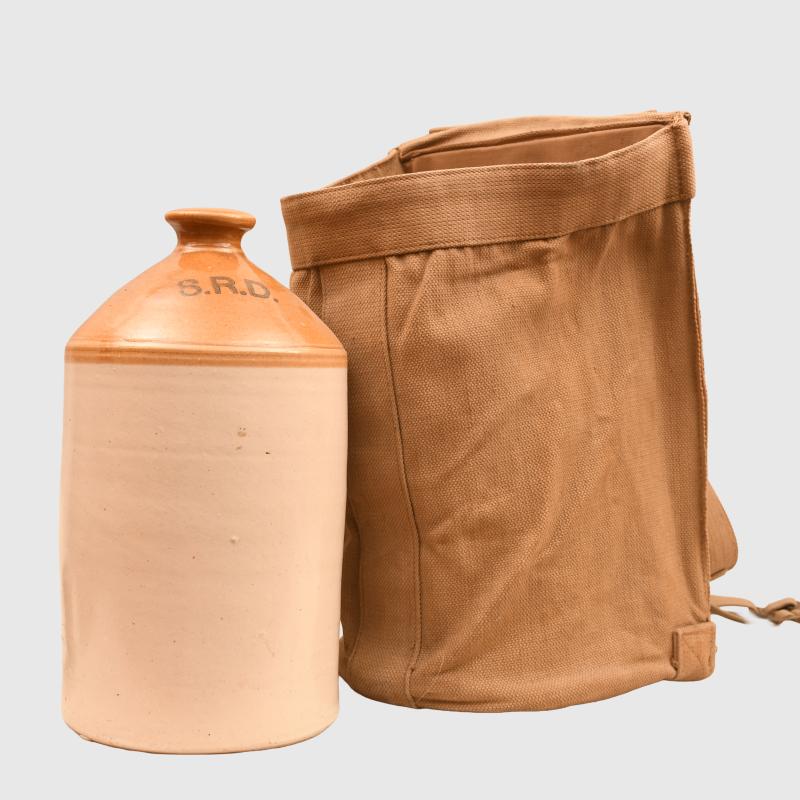 BRITISH WWII SOUP CONTAINER WITH RARE WEBBING CARRIER.