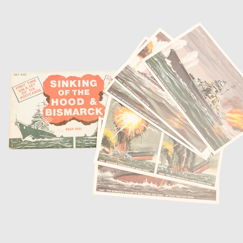BRITISH WWII SINKING OF THE HOOD AND BISMARK COLOURED POSTCARDS.