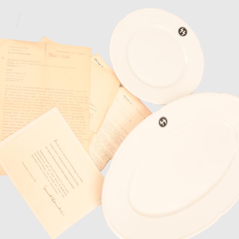 GERMAN WWII SS CAVALRY SCHOOL, MUNICH PORCELAIN TRAY AND PLATE WITH ACCOMPANYING PAPERWORK.