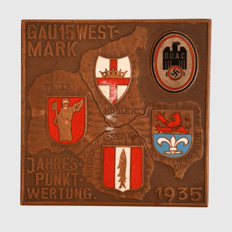 GERMAN WWII DDAC GAU WESTMARK SQUARE ENAMELLED PLAQUE.