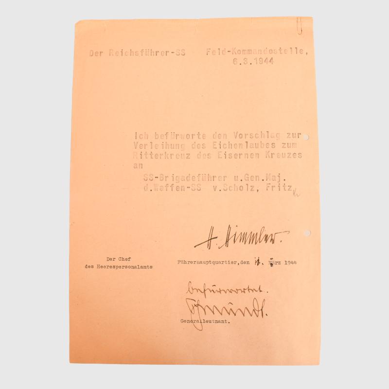 RECOMMENDATION LETTERS FOR THE OAKLEAVES FOR SS BRIGARDEFUHRER FRITZ VON SCHOLZ.